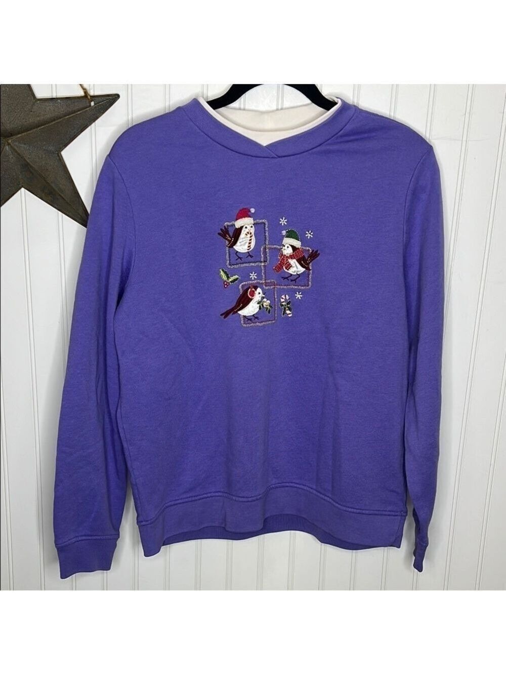 Vintage 90’s Grandmacore Purple Christmas Birds Sweatshirt Size Medium